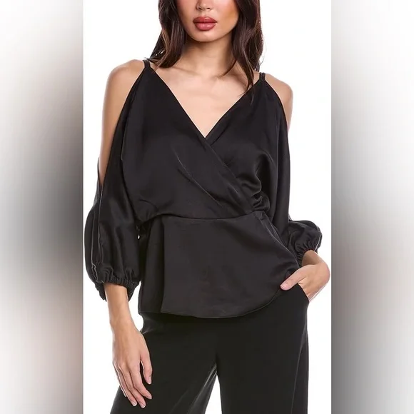 NEW! Trina Turk Mixology Black Satin Top Peplum Surplice Size XS - Picture 9 of 9